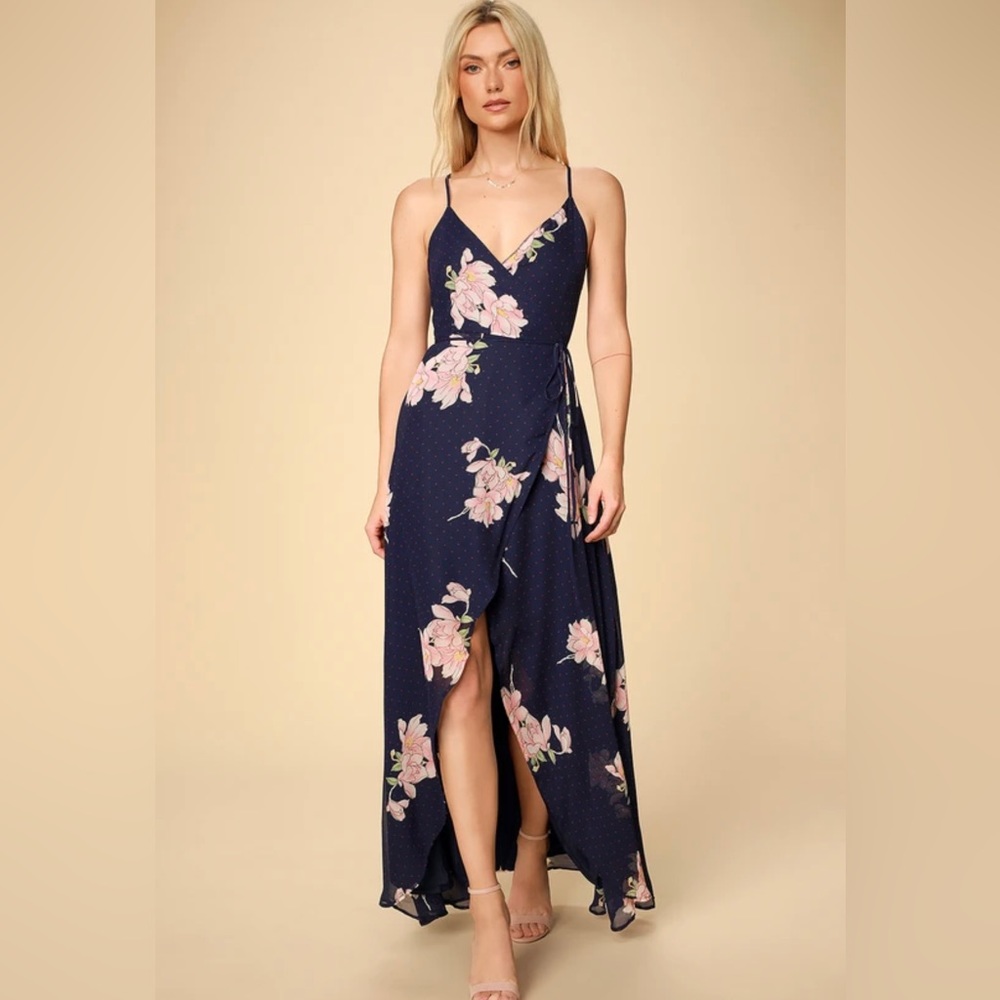 COPY - NWT LuLu’s Loiselle Navy Blue Floral Print Polka Dot Wrap Maxi Dress - S…